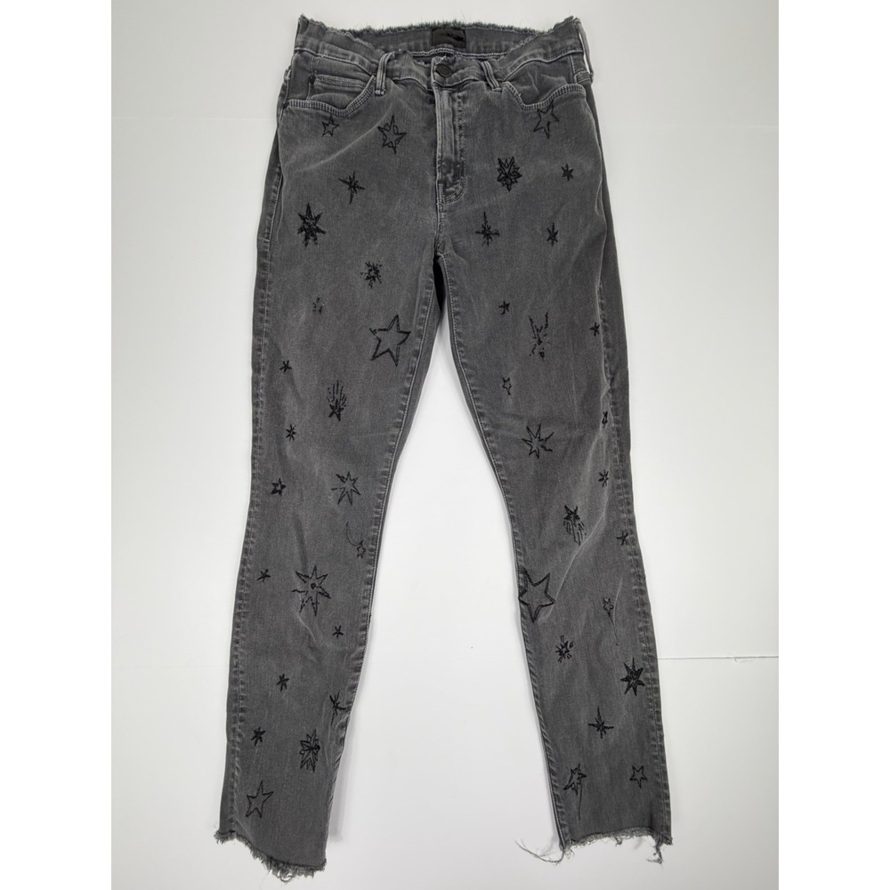MOTHER Gray Star Embroidered Raw Hem Skinny Jeans Womens 27 Ankle Denim - Picture 2 of 9